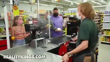 Reality Kings - JMac Fucks Petite Kimmy Kimm Behind The Supermarket Counter As She Keeps Working